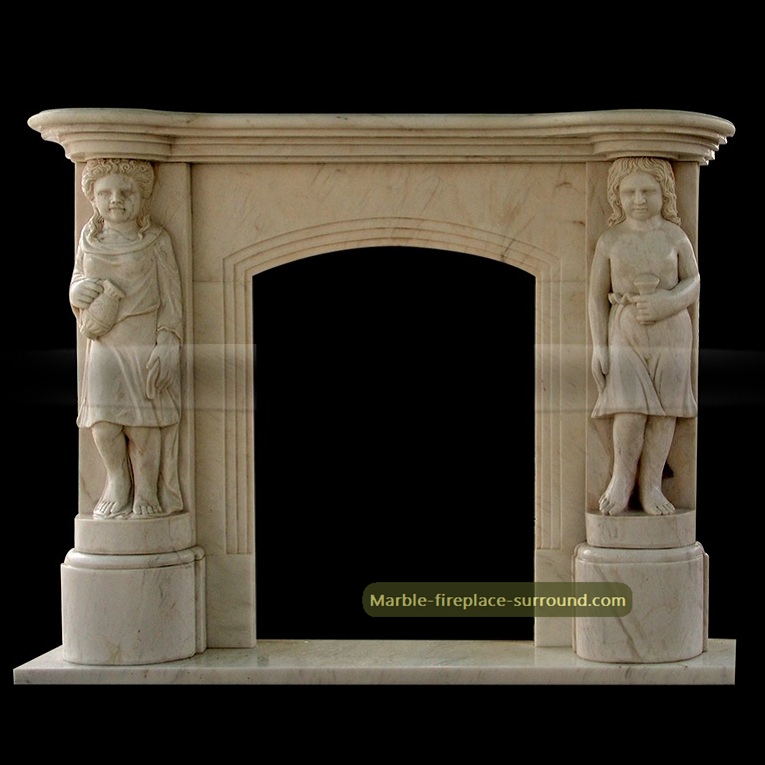 beige marble fireplace with carving caryatid